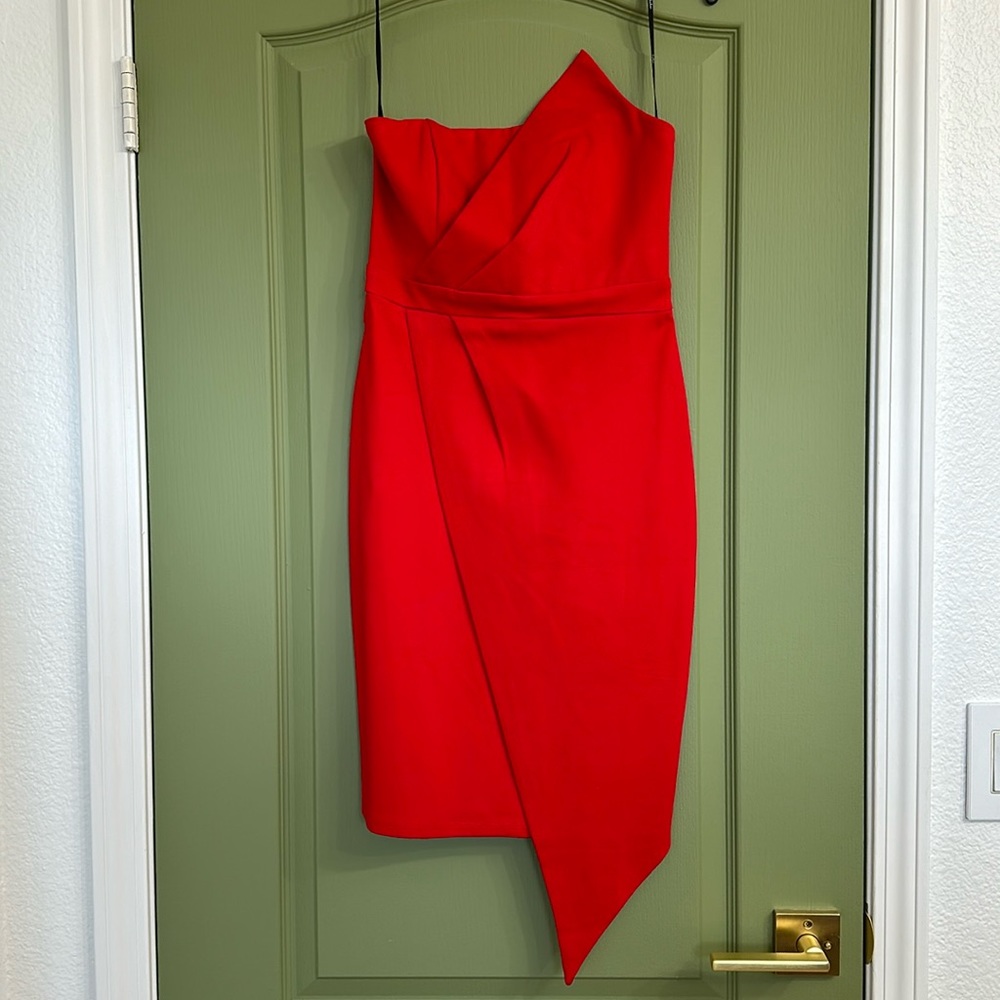 Red strapless midi dress